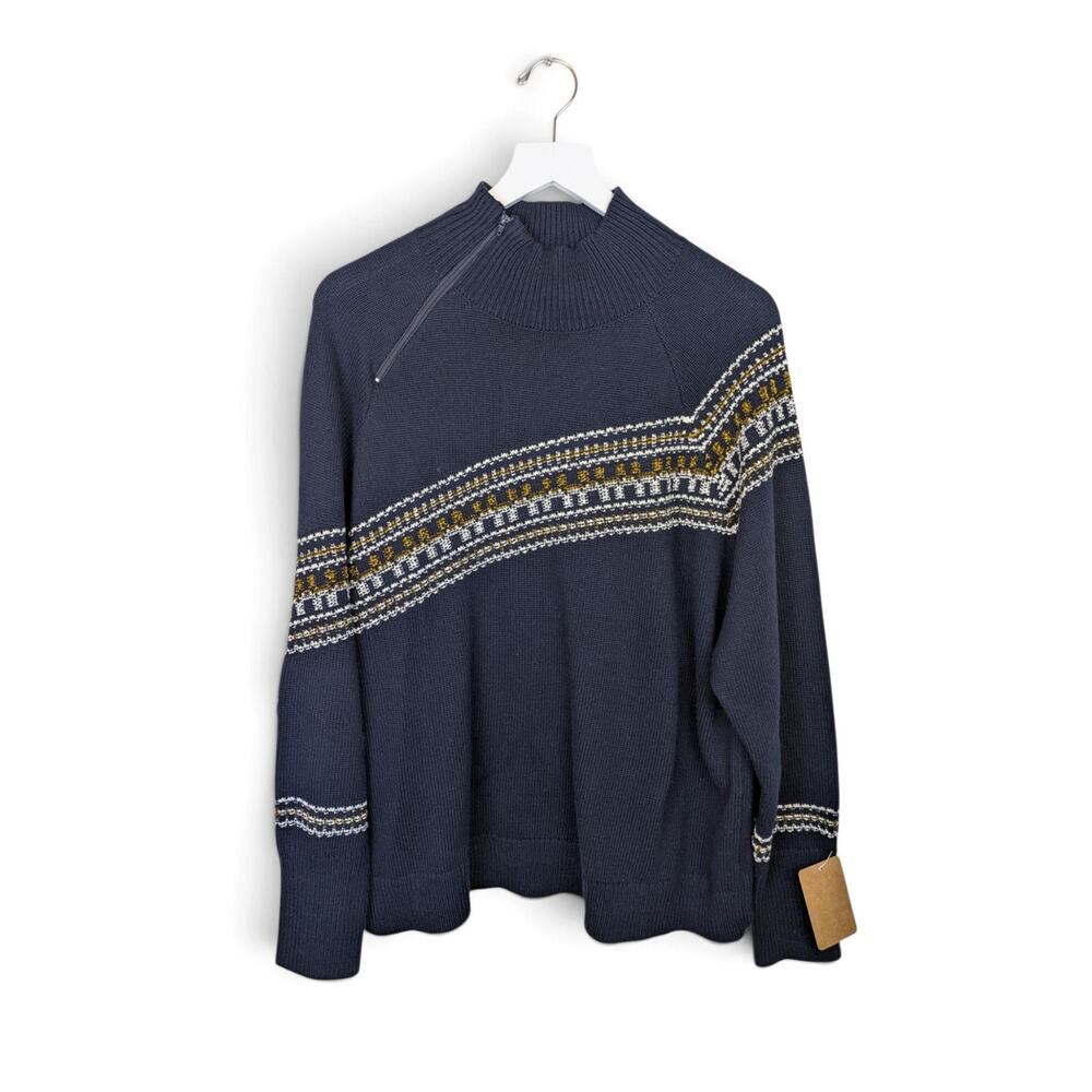 CABI Fair Isle Pullover Sweater Diagonal Zip Ribbed Mock Collar Navy #4231 - XL - Picture 2 of 7